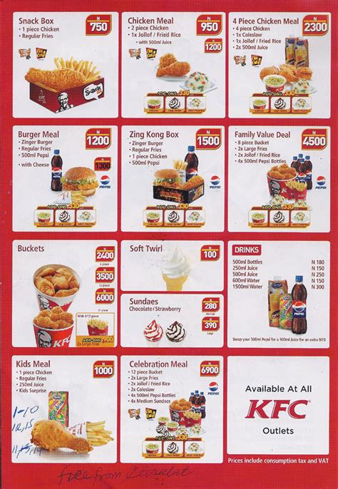 kfc nigeria menu price list